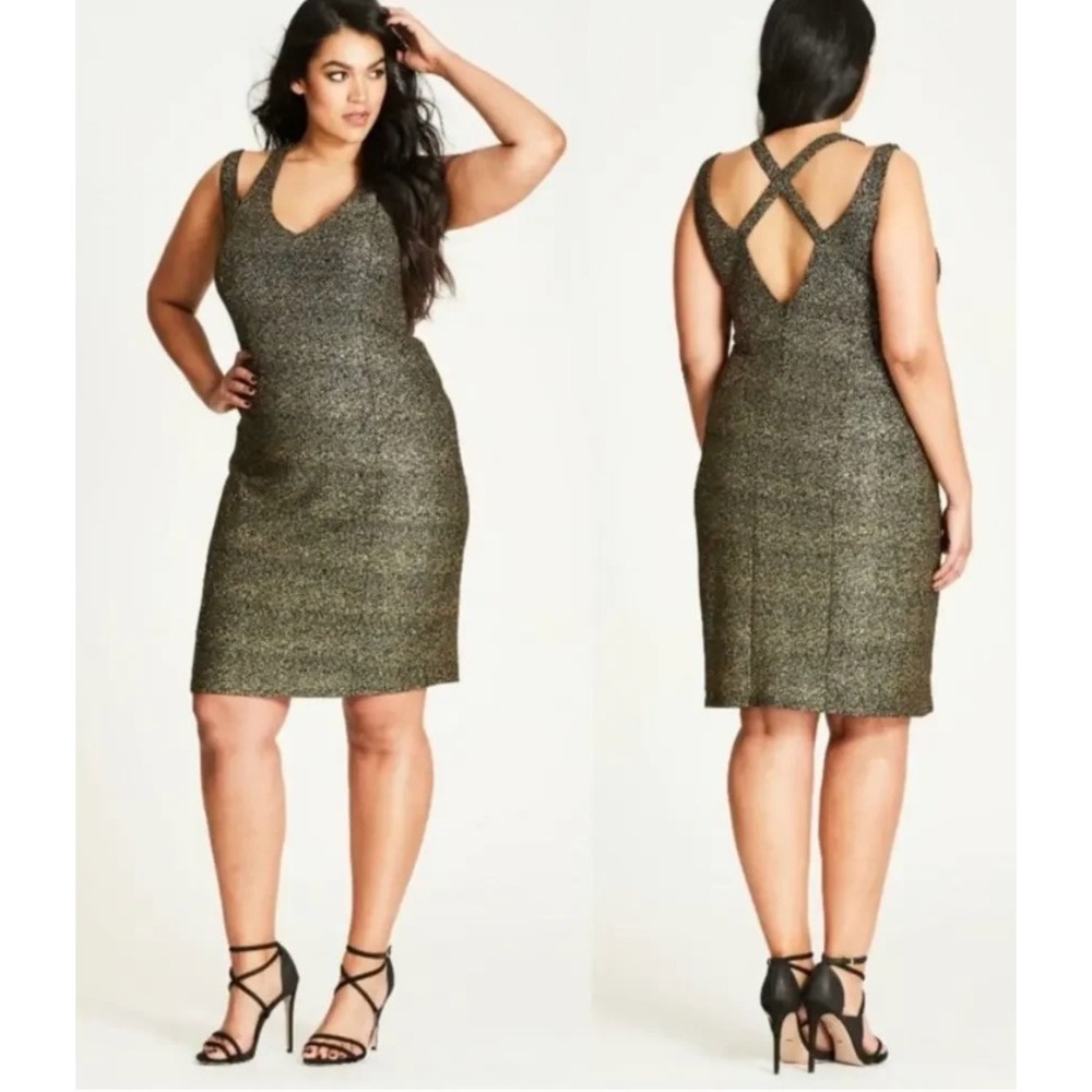 City Chic Dress Womens 18W Black Gold Glitter Strappy Mini Party